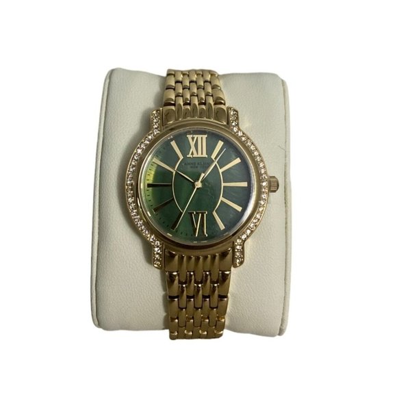Anne Klein 12/2348GMGB Women's 34mm Gold Tone Green Dial Crystal Accent Watch - Picture 1 of 10